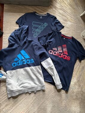 3 adidas boys XL Navy Hoodie & Tees with Blue, Teal & Red Logos